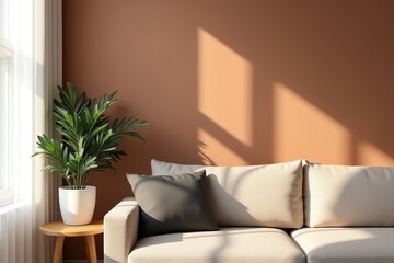 Sunlit indoor scene with plant  sofa