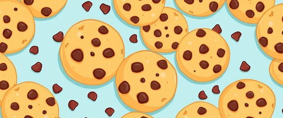 Delightful cartoon chocolate chip cookies in a seamless repeat pattern, ideal for various design applications, dessert, vector illustration