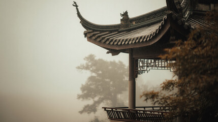 Traditional Chinese architecture with ancient charm and misty towers