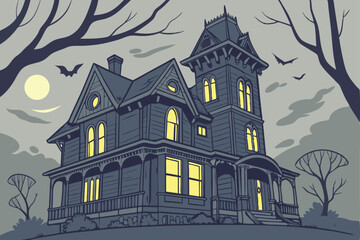 7 Dark blue Victorian haunted house, intricate wooden details, glowing yellow windows, spooky atmosphere, moonlit night, Gothic architecture, towering turret, wraparound porch, detailed 3D render, sha
