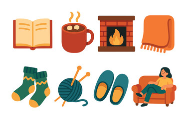Cozy winter essentials flat icons set – warm, comfy, seasonal symbols collection