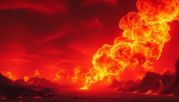 Fiery red sky, explosive flames engulfing landscape, apocalyptic catastrophe, alert, hellfire