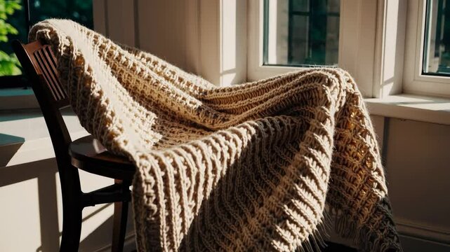 Cozy sunlit chair with knitted blanket by window in serene afternoon light
