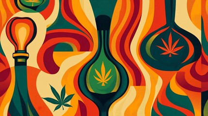 Psychedelic cannabis themed seamless pattern design with vibrant colors
