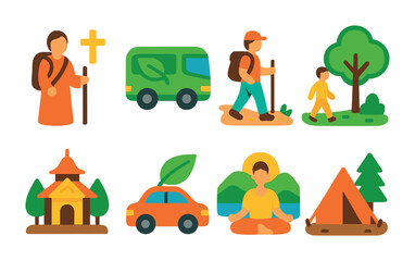 Fototapeta premium Nature and hiking flat icons set – camping, adventure, outdoor symbols