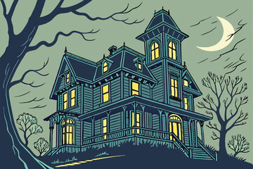 7 Dark blue Victorian haunted house, intricate wooden details, glowing yellow windows, spooky atmosphere, moonlit night, Gothic architecture, towering turret, wraparound porch, detailed 3D render, sha