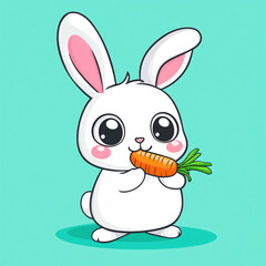 Obraz premium A cute white bunny with large eyes and pink cheeks is holding a carrot. The bunny has long ears with pink inner parts and is sitting on a teal background.