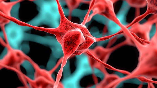 The image shows a microscopic view of neurons, specifically their intricate network of dendrites and axons, highlighted in shades of red against a teal background.