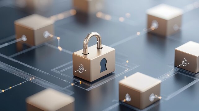 Blockchain Security Concept with Golden Padlock and Data Blocks blockchain data concept padlock lock