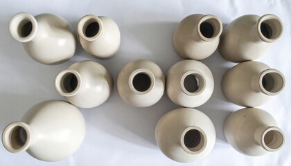 Artisan pottery display art studio decorative objects indoor top view handmade craft