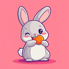 Obraz premium A cute white bunny with large eyes and pink cheeks is holding a carrot. The bunny has long ears with pink inner parts and is sitting on a teal background.
