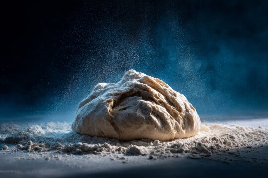 A lump of dough is sprinkled with flour, creating a dramatic effect for baking preparation.