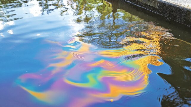 Rainbow-colored oil slick floating on polluted water surface caused by chemical or petroleum leakage,highlighting environmental pollution,hazardous contamination,ecological risks in aquatic ecosystems