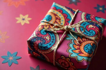Elegant paisley fabric wraps gifts, tied with twine, Furoshiki, gift wrap, paisley
