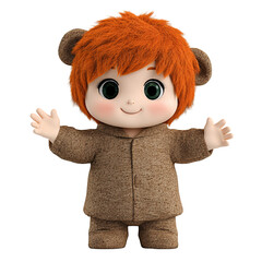 Adorable 3D render of a plush toy, a childlike figure with orange hair and big green eyes, wearing a brown textured onesie, arms outstretched in a welcoming gesture against a transparent background.