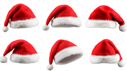 A set of six red Santa hats shown from multiple angles, representing holiday tradition, isolated on a transparent background for festive stock imagery