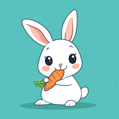 Fototapeta premium A cute white bunny with large eyes and pink cheeks is holding a carrot. The bunny has long ears with pink inner parts and is sitting on a teal background.