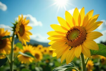 Obraz premium Bright yellow sunburst, vibrant sunflowers blooming , sunflower field, energy, flower