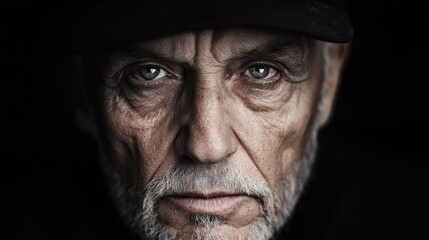 Fototapeta premium An expressive close-up portrait of an elderly man, showcasing the depth of his wisdom through his intense gaze, imparting stories of life and experience captured in his features.
