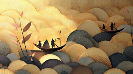 Chinese style small boat figure silhouette decorative painting