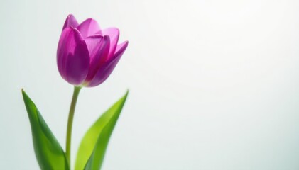 Fototapeta premium Single purple tulip, soft light, white background, green leaves, single bloom, springtime