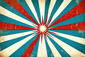 Retro graphic design with radial stripes and a central starburst. Aged paper texture