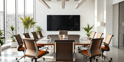 Modern office, bright workspace prepared for a business meeting, desk, bright