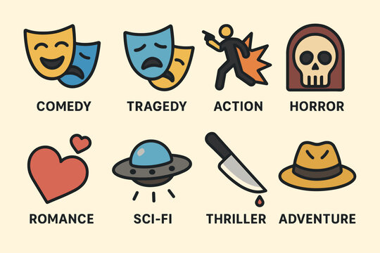 Theater and cinema icons set – flat, outline, drama masks and movie symbols