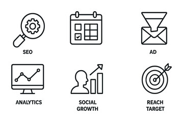 Marketing and analytics line icons set – digital, seo, business growth symbols