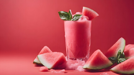 Vibrant pink watermelon smoothie in a glass, garnished with basil leaves, surrounded by watermelon slices on a red background.  The smoothie appears cold and refreshing.