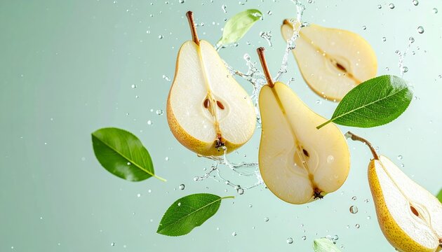 Halved pears and green leaves float amidst splashing water droplets