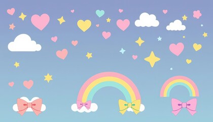 Pastel rainbow hearts, stars, clouds, and bows in kawaii style Vector illustration set, minimalist, digital