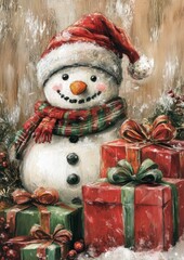 Cheerful Snowman Surrounded by Colorful Christmas Presents