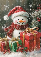 Cheerful Snowman Surrounded by Colorful Presents and Snowflakes