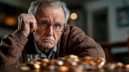 An older man with glasses displays a contemplative expression while resting his chin on his hand, surrounded by coins, exemplifying thoughts about life and financial stability.