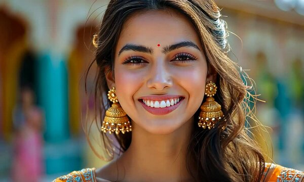 Beautiful young indian woman with golden earrings smiling in indoor setting with blurred background. Concept of cultural elegance