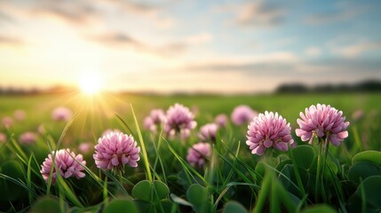 Fototapeta premium A picturesque scene of blooming pink clover flowers illuminated by the warm sun, capturing the essence of tranquility and the beauty of a spring sunset in a vast green field.