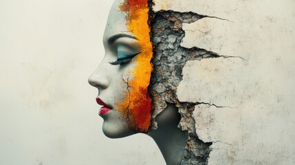 A surrealistic image with one side of the face colorful and the other in monochrome, textured like stone.