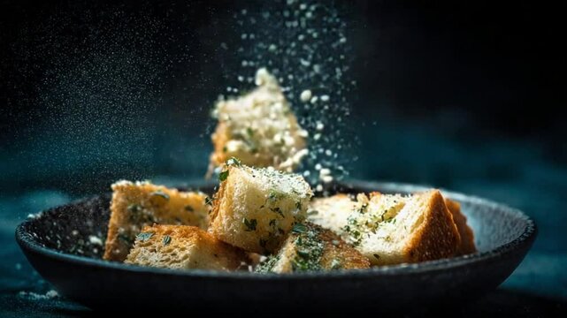 Crispy garlic croutons being sprinkled with herbs on a dark textured plate, enhancing a dish