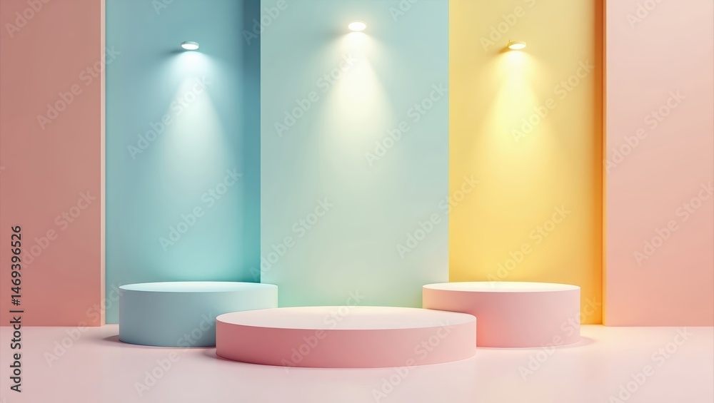 Poster Pastel Podiums Against Colorful Walls Create a Serene Display Environment for Product Showcases