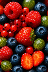 Obraz premium Close-up of assorted fresh berries with water drops. Juicy strawberries, blueberries, raspberries, red currants, and gooseberries. Perfect ingredients for a premium natural juice.