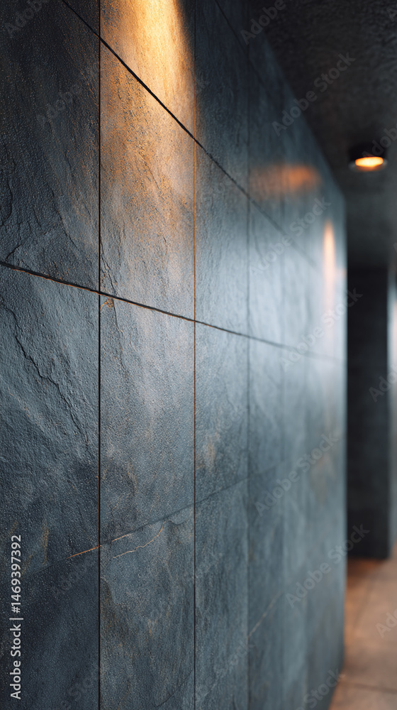 Poster dark gray stone tile wall texture, illuminated by warm light, creating a modern and sophisticated am