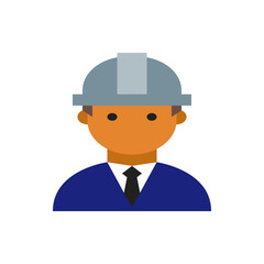 Illustration of a construction worker with a hard hat, wearing a suit and tie, against a white background