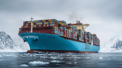 Container Ship Navigating Through Icy Waterscapes Embarking on Global Journeys