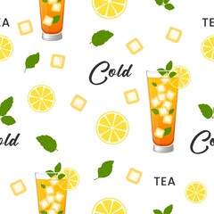 Seamless vector pattern with lemon slices, mint leaves, ice cubes, a glass of iced tea, and the words 