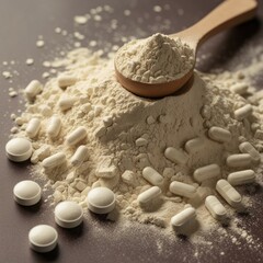 Pile of nutritional supplement powder with capsules and tablets isolated on white background