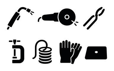 Construction tools solid icons set – filled, industrial, building equipment graphics