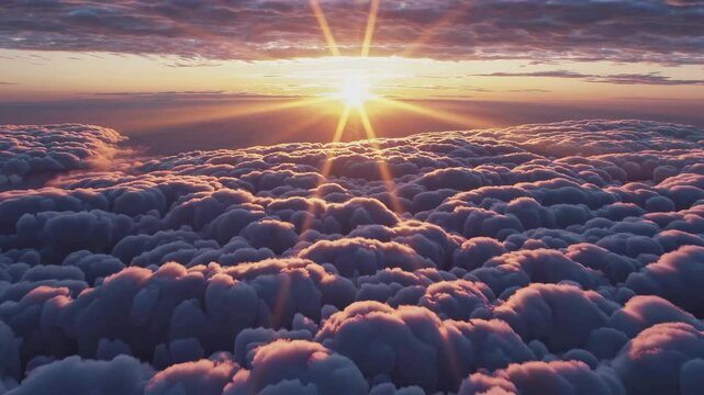 Breathtaking sunset above clouds: majestic sky transformation with vibrant light and stunning horizon