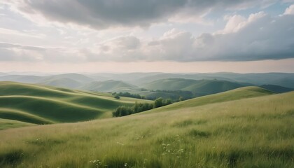 Rolling Green Hills Under Cloudy Sky
