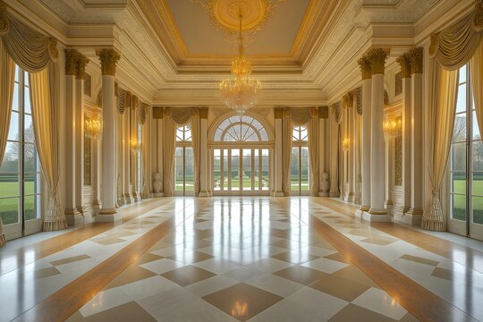 Opulent baroque reception hall backdrop with grand marble columns, intricate gold detailing, elegant chandeliers, luxurious draped curtains, and expansive windows overlooking manicured gardens.